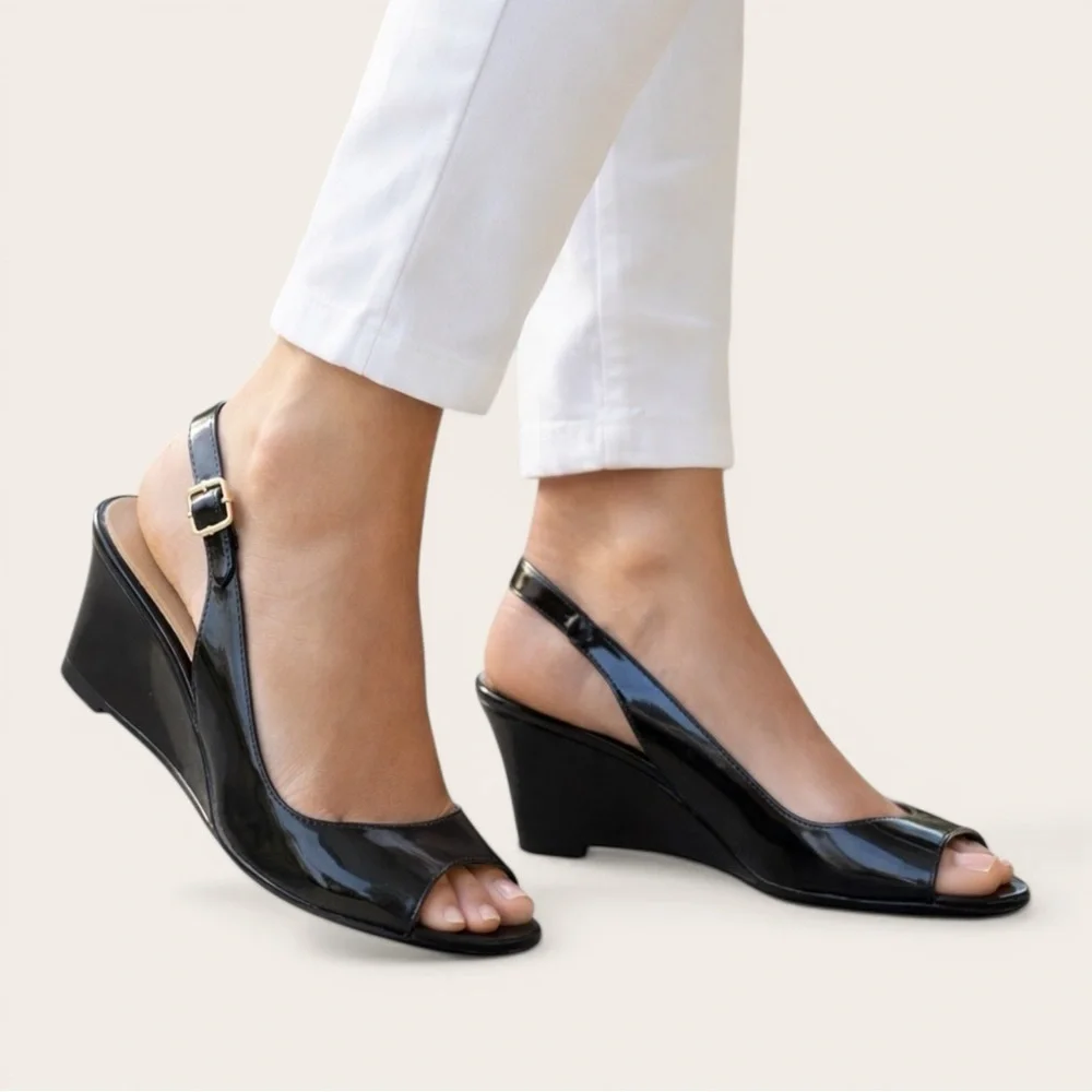Antonio Melani Black Patent Leather Slingback Wedge Heels Size 9 Peep Toe